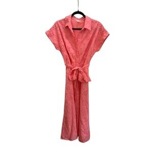 CASLON Coral Eyelet Cotton Midi Shirt Dress Pockets Belted Resort Preppy Size S